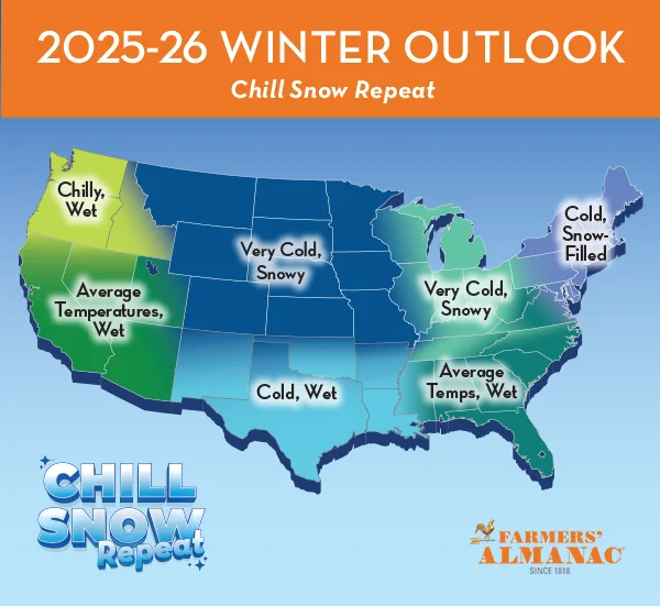 2026 Farmers' Almanac Extended Winter Weather Forecast Map.