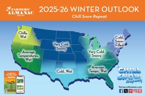 Farmers Almanac 2025 - 2026 Extended Winter Weather Forecast Map.