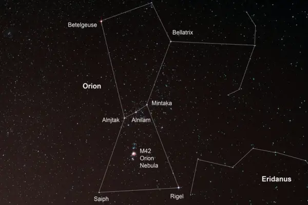 A diagram showing the names and locations of Orion's stars, including the location of the Orion Nebula.