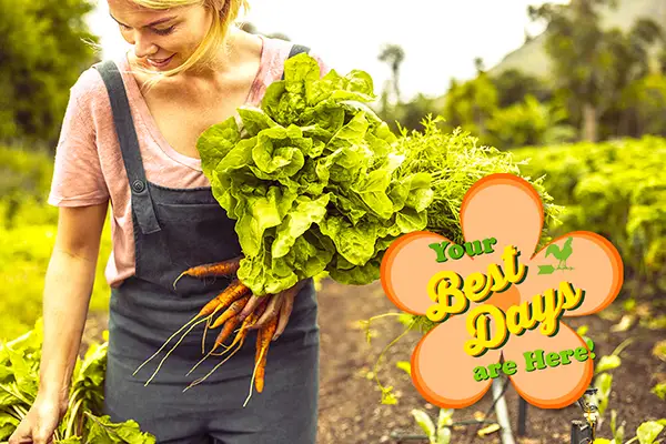 Planting Calendar represented by a woman holding a bunch of carrots that she harvested.