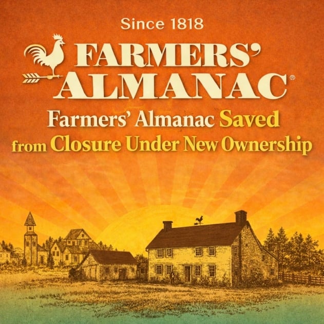 Farmers' Almanac logo and ownership announcement text over a vintage sketch of a rural farmhouse scene.