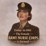 Woman in military uniform with text about 1901 female Army Nurse Corps formation.