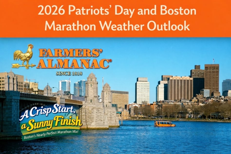 Boston skyline and Charles River with the Farmers' Almanac logo and 2026 marathon weather forecast.