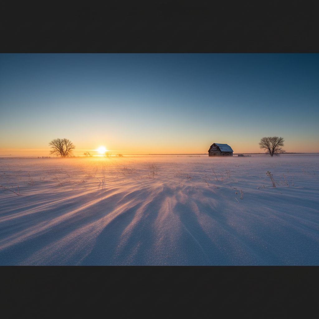 Wind-blown snow streaking across a North Dakota prairie at sunrise
