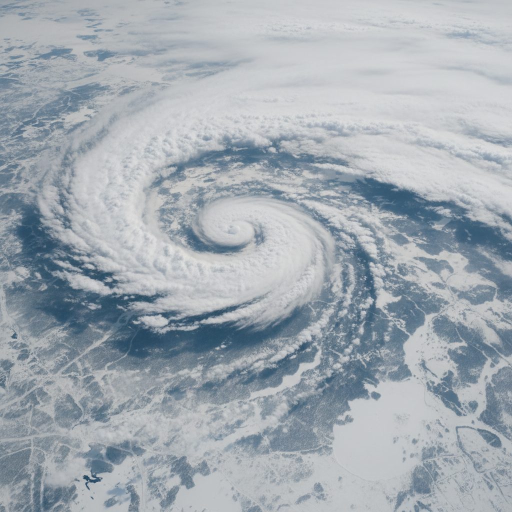 Aerial view of an Alberta Clipper storm tracking from Canada into the U.S.