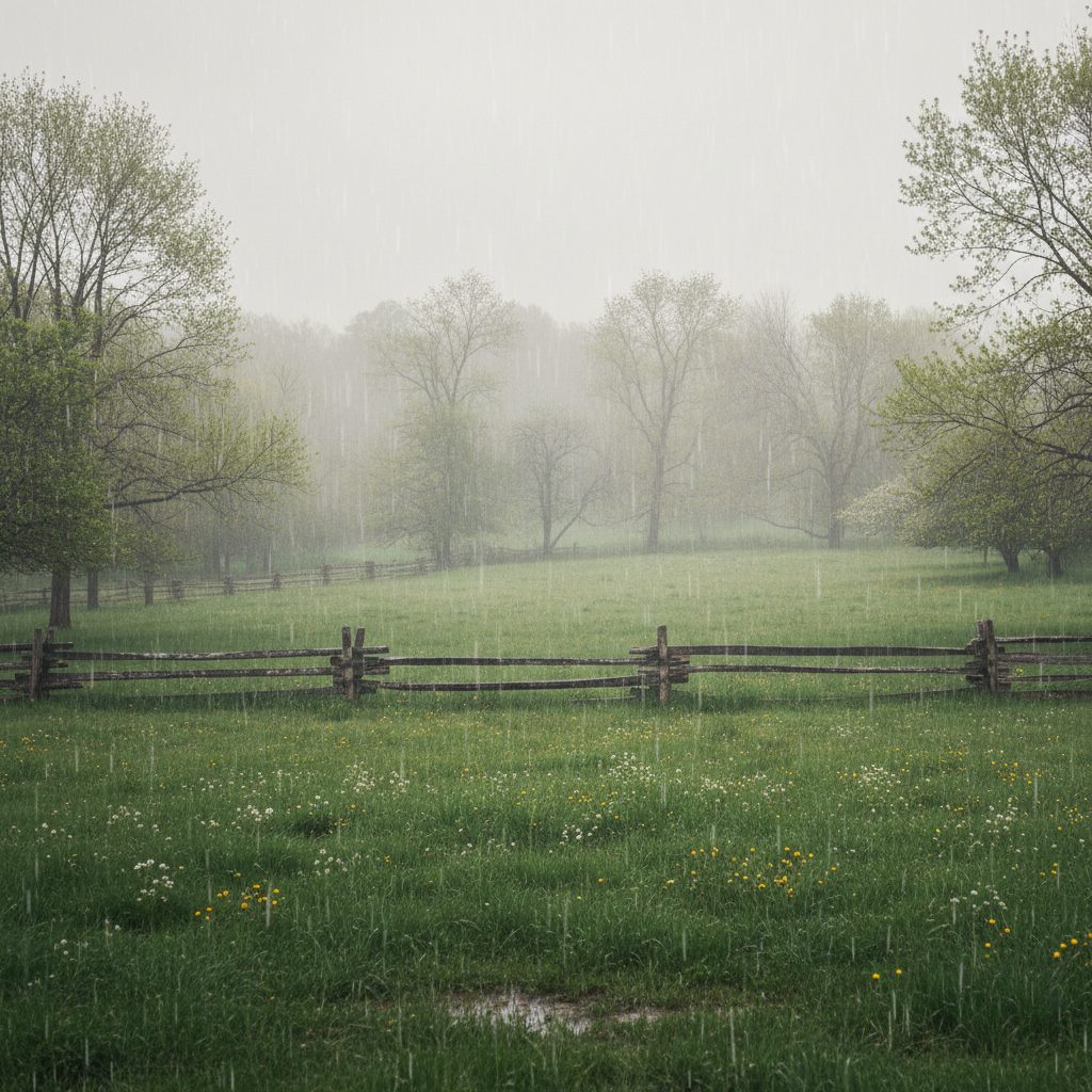 Soft April rain over a New England spring meadow