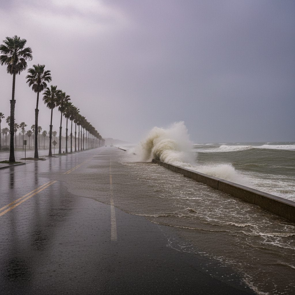 Atmospheric river flooding a California coastal highway during a winter storm