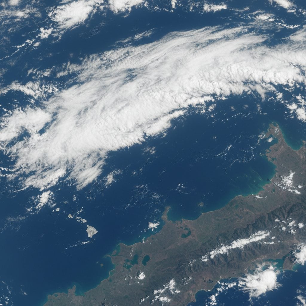 Satellite view of an atmospheric river streaming from Hawaii toward California