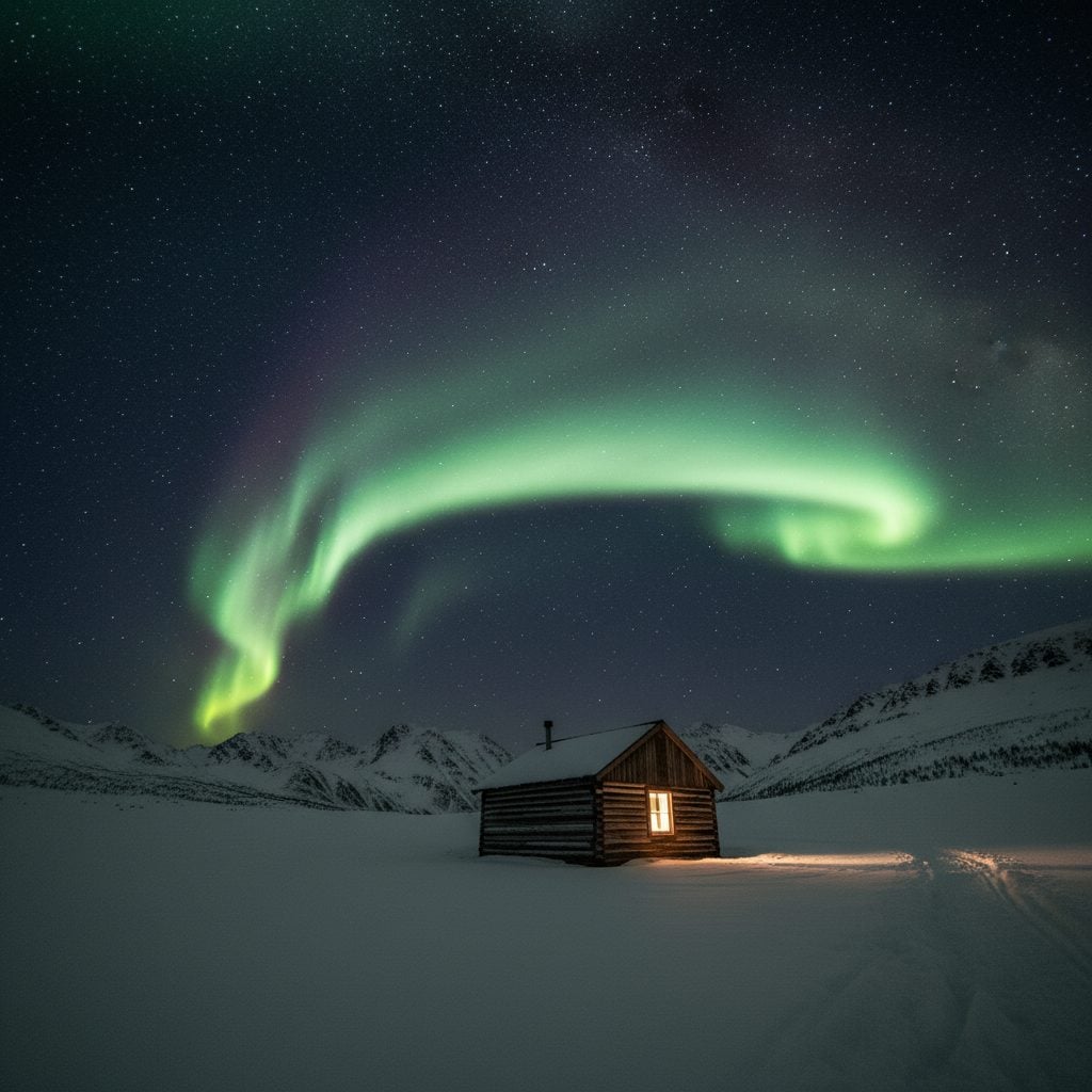 Aurora borealis above a snow-bound log cabin