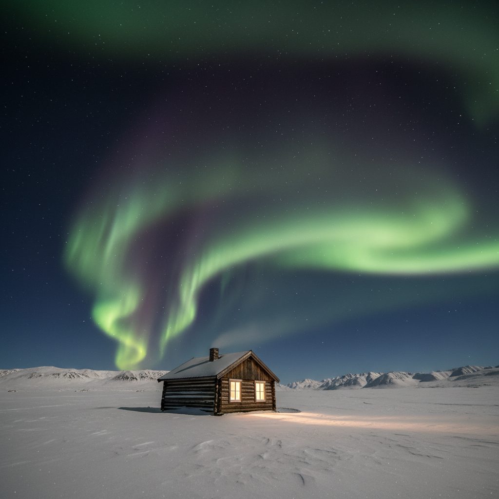Aurora borealis above a remote northern log cabin