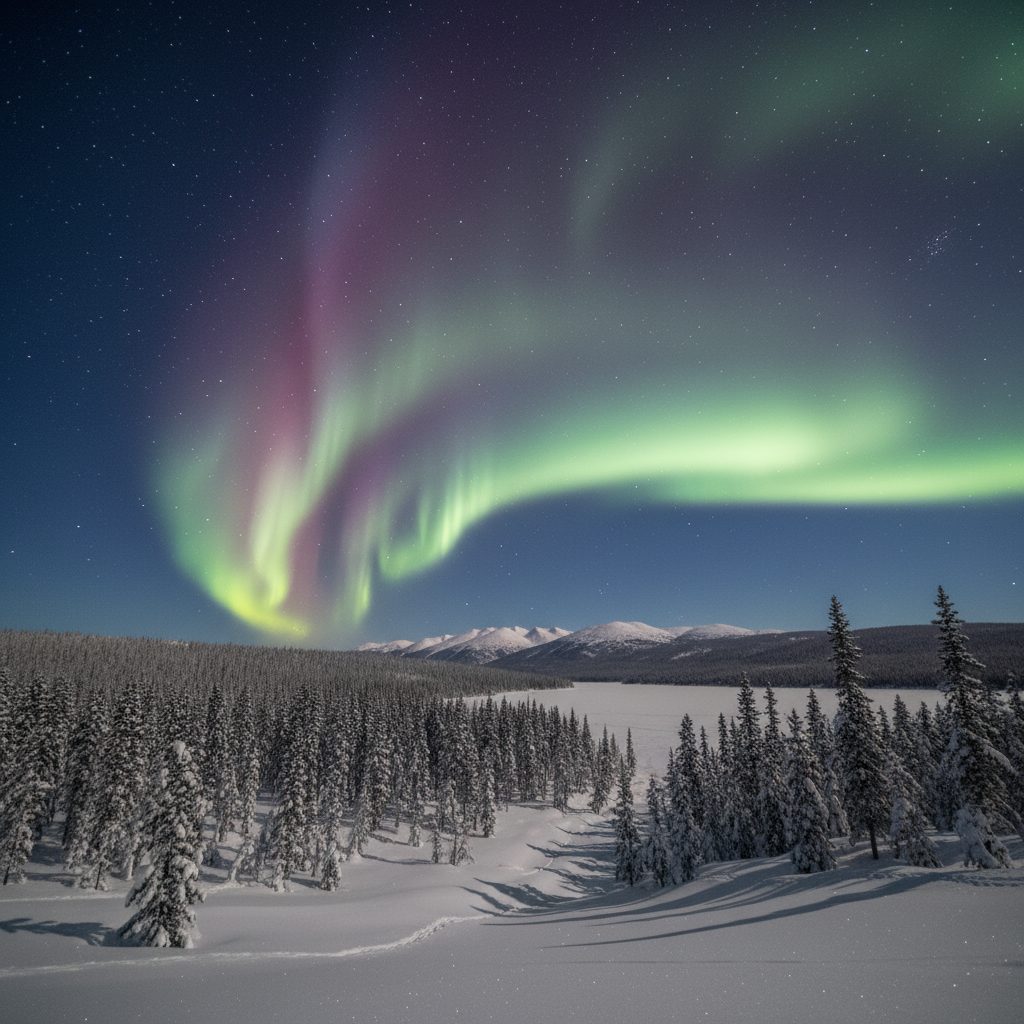 Green and pink aurora borealis over a snowy spruce forest