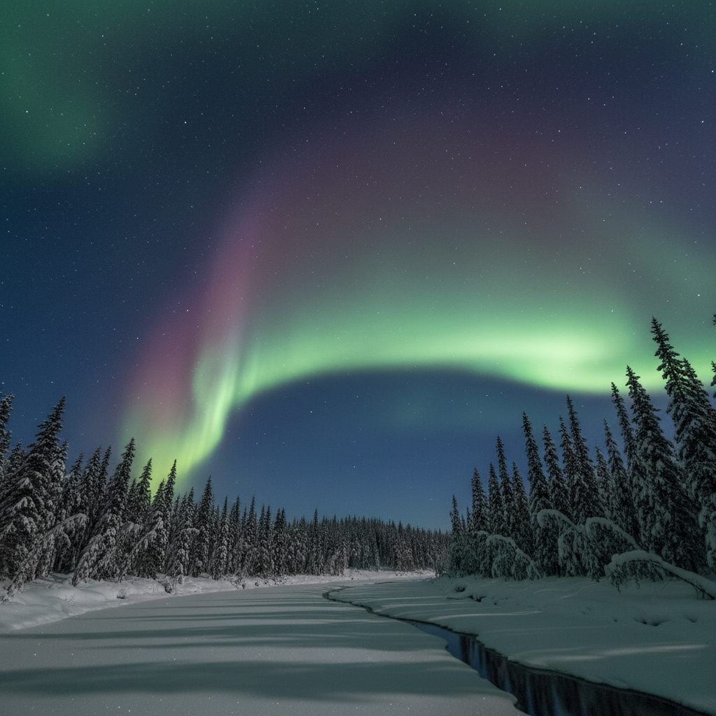 Green and pink aurora borealis over a snowy spruce forest