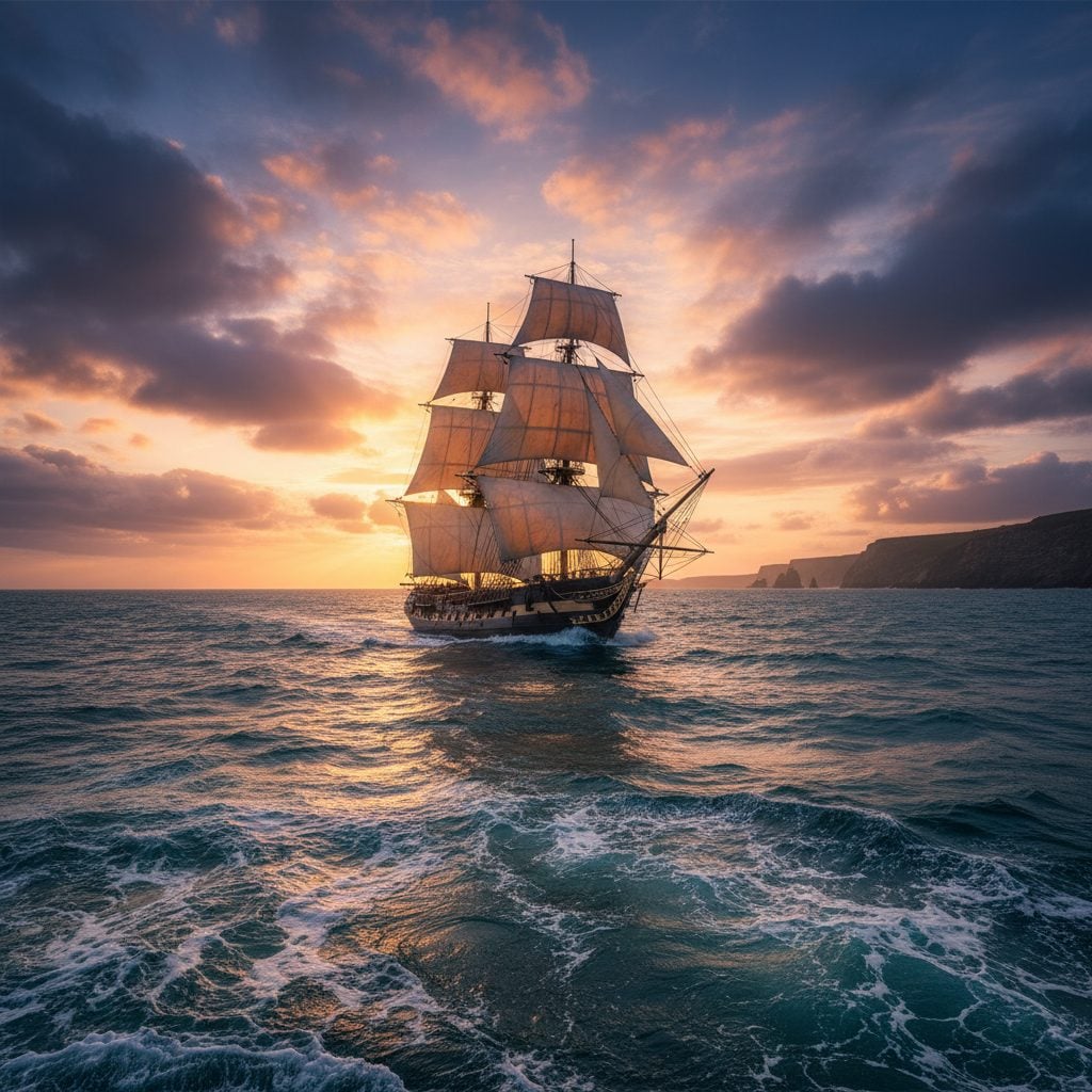 Tall sailing ship under canvas sails on a fresh-breeze sea