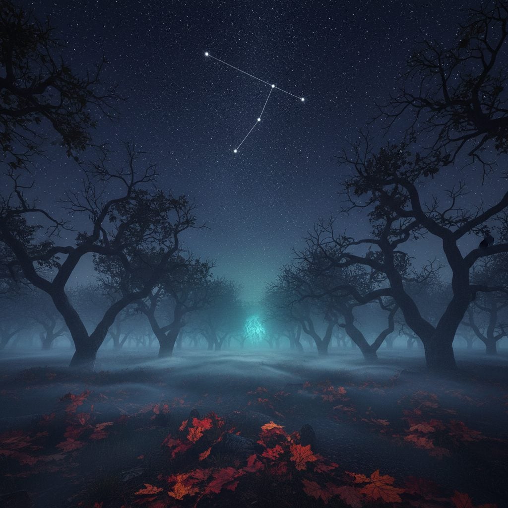 The Big Dipper constellation over an autumn New England forest at night