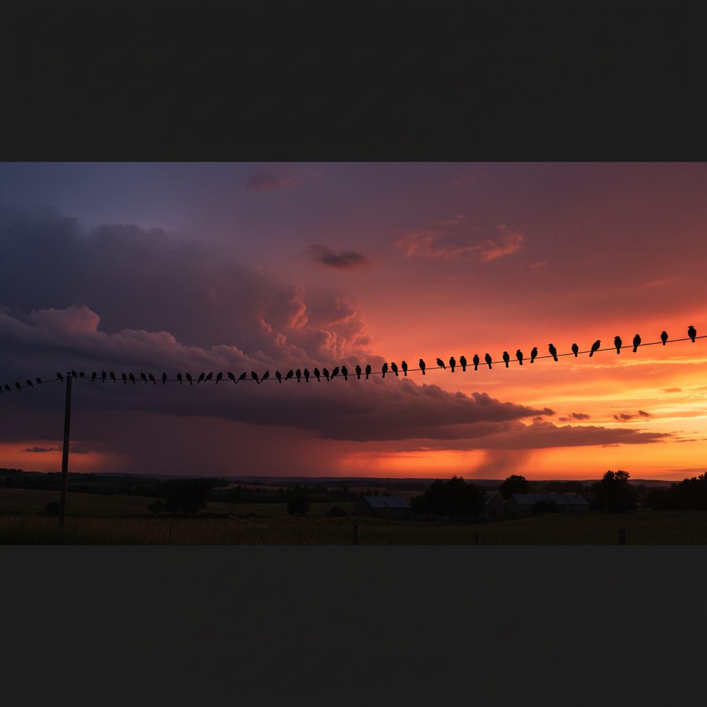 Birds on a telephone wire at sunset before a storm