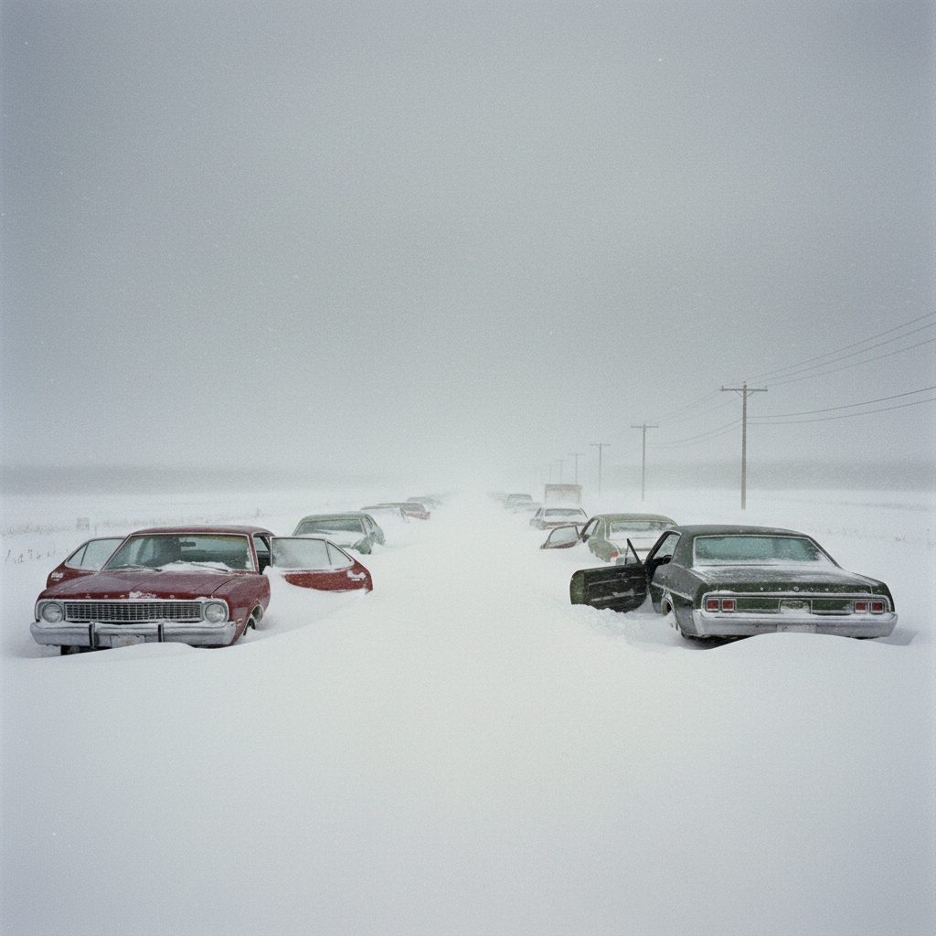 Snow-buried highway with abandoned cars after the Blizzard of 1978