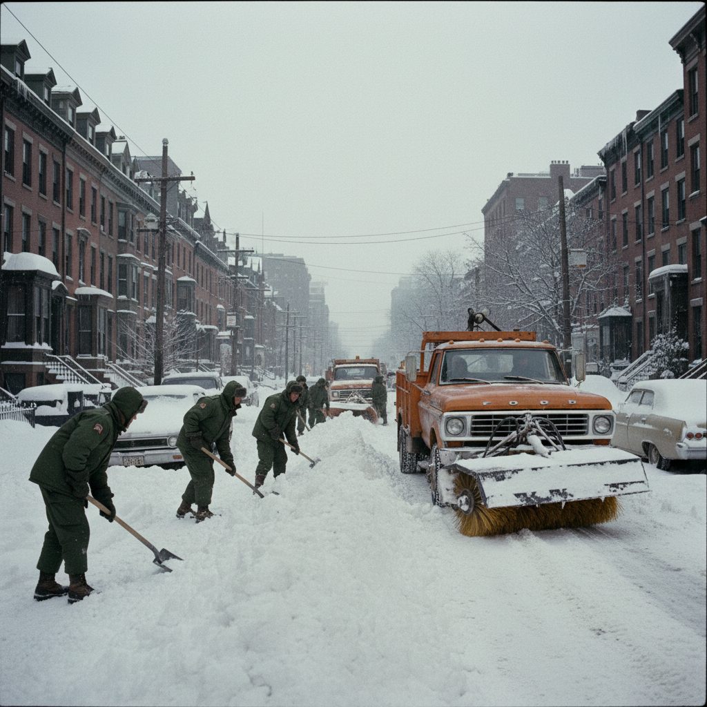 National Guard troops clearing Boston streets during the 1978 blizzard recovery
