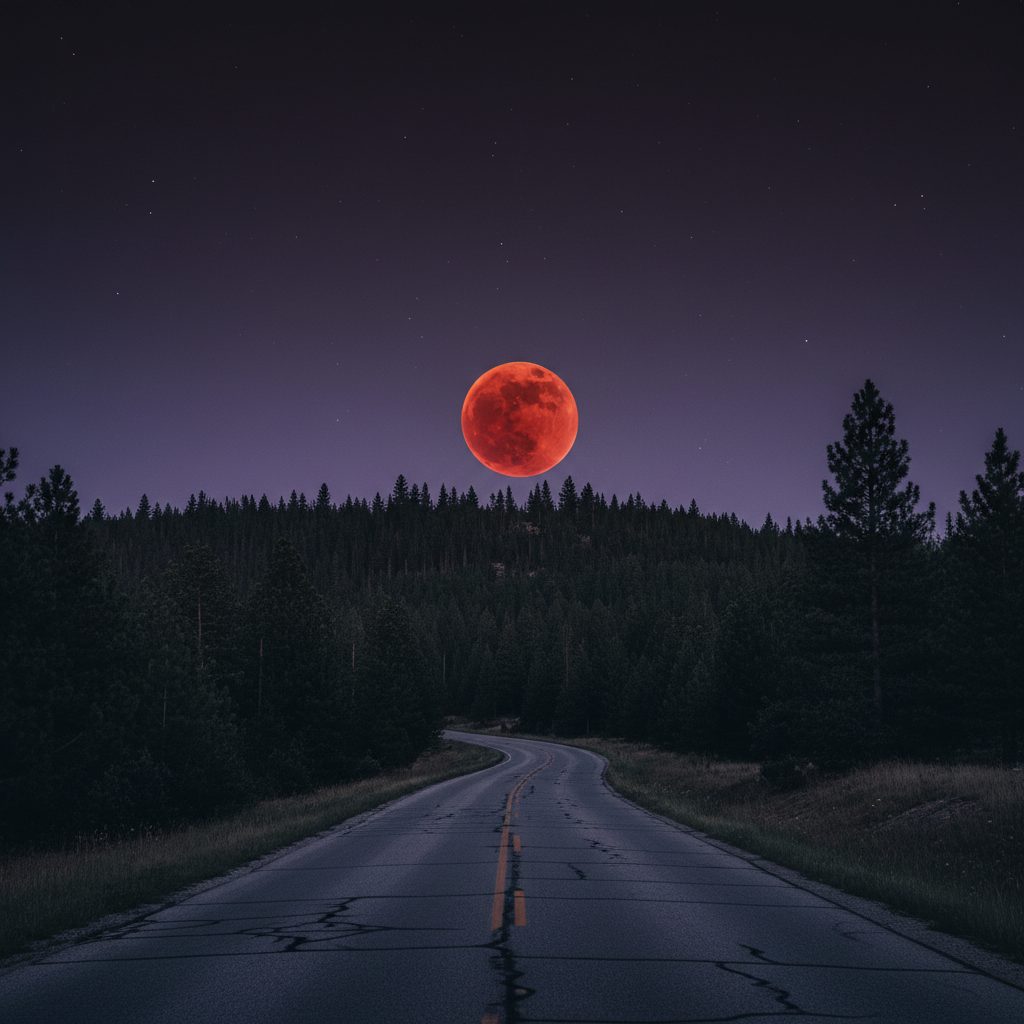 Blood moon rising above pine ridgeline and country road