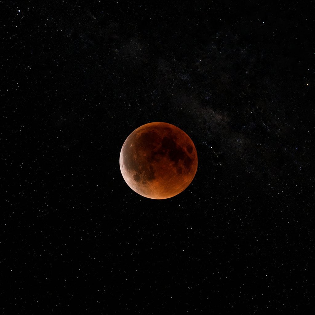 Fully eclipsed blood moon glowing copper red against the stars