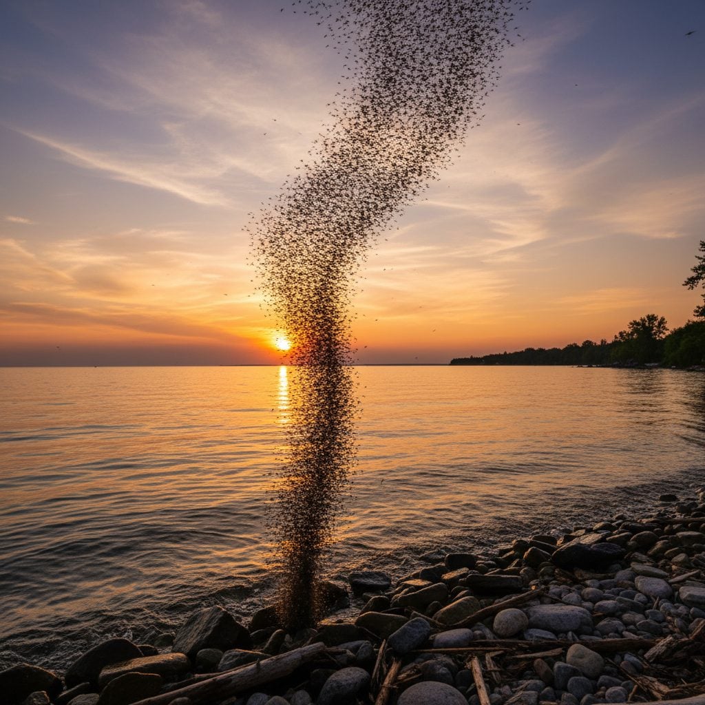 A tall mayfly swarm shaped like a tornado funnel over Lake Erie at sunset