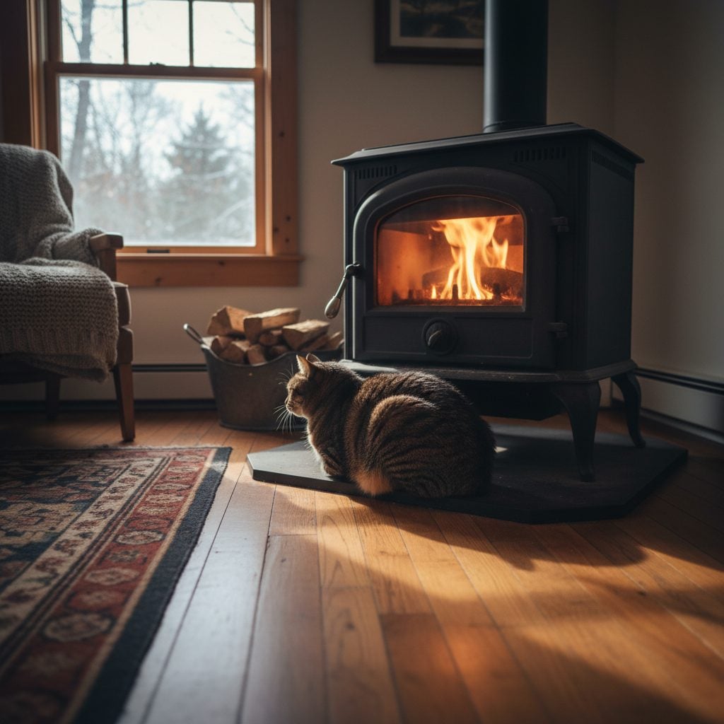 A house cat curled up by a wood stove before a cold snap