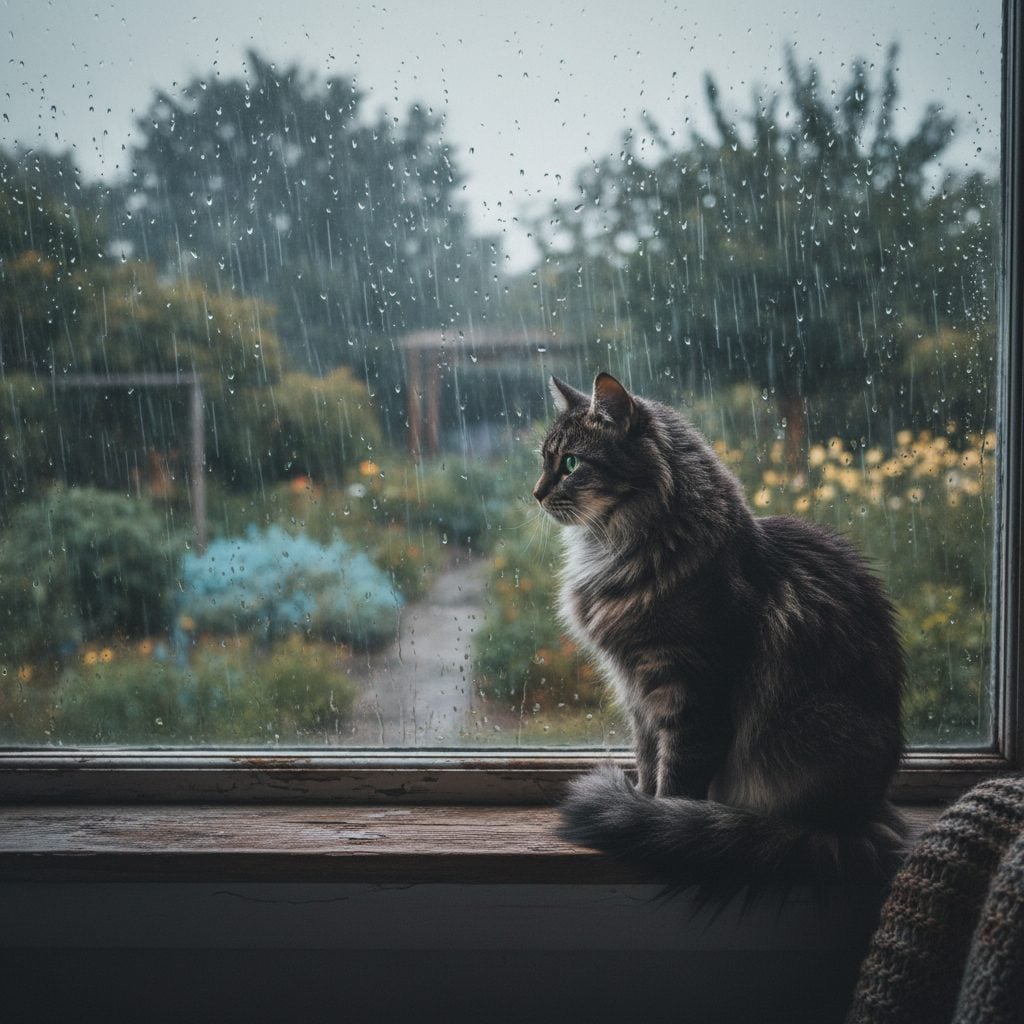 Cat at a window watching a rainstorm outside