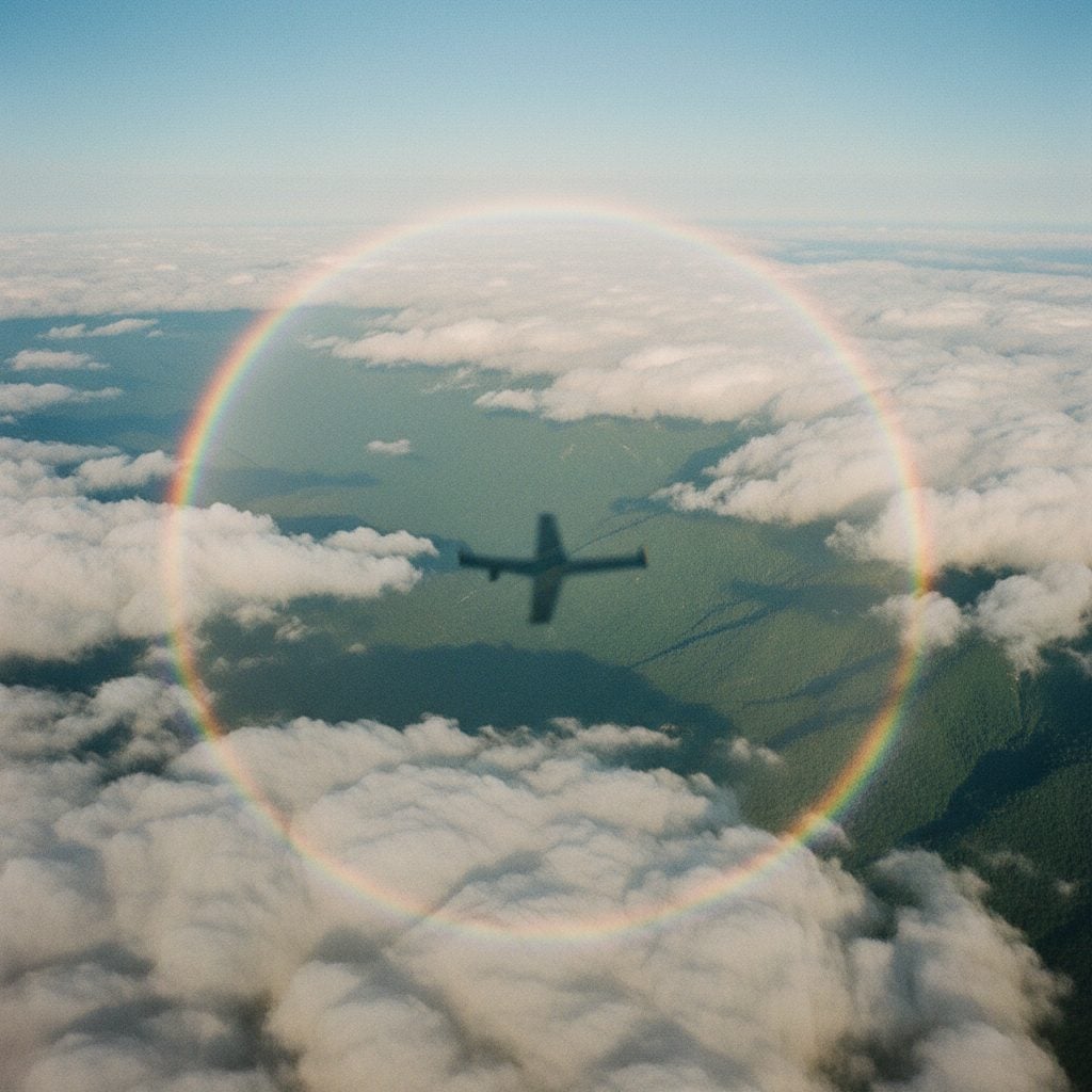 Circular rainbow around the shadow of a plane on clouds below