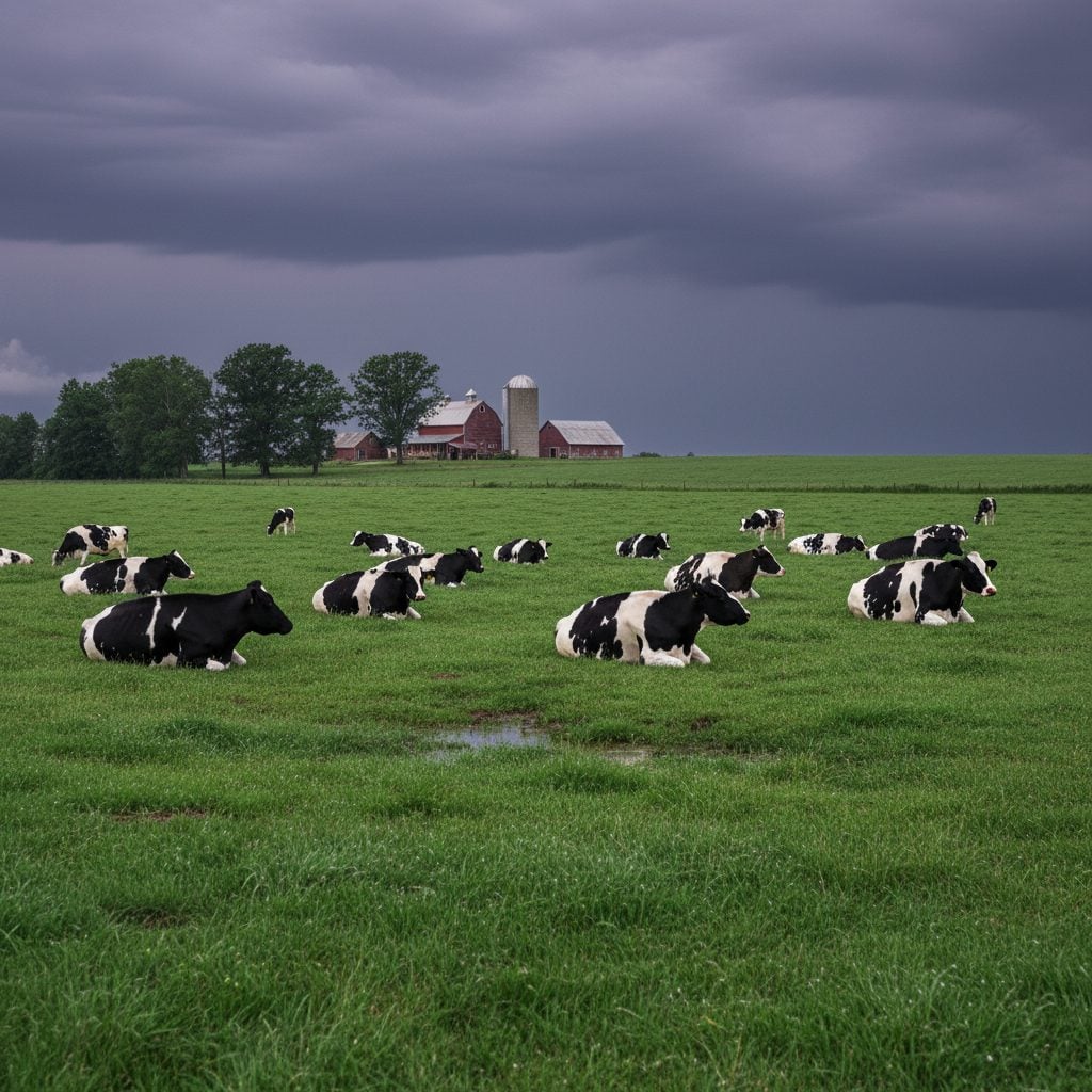 Cows lying down in a pasture before a rainstorm