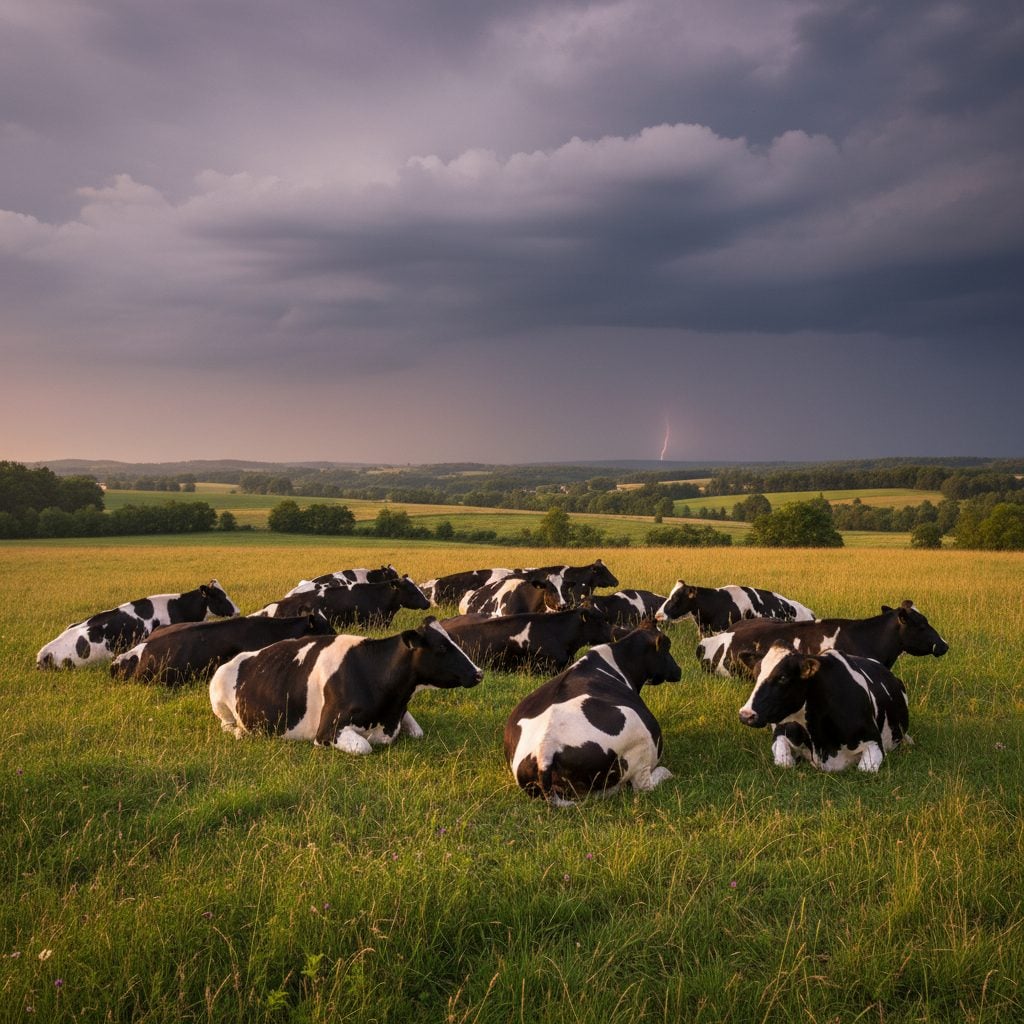 Cows lying down in a pasture before a rainstorm