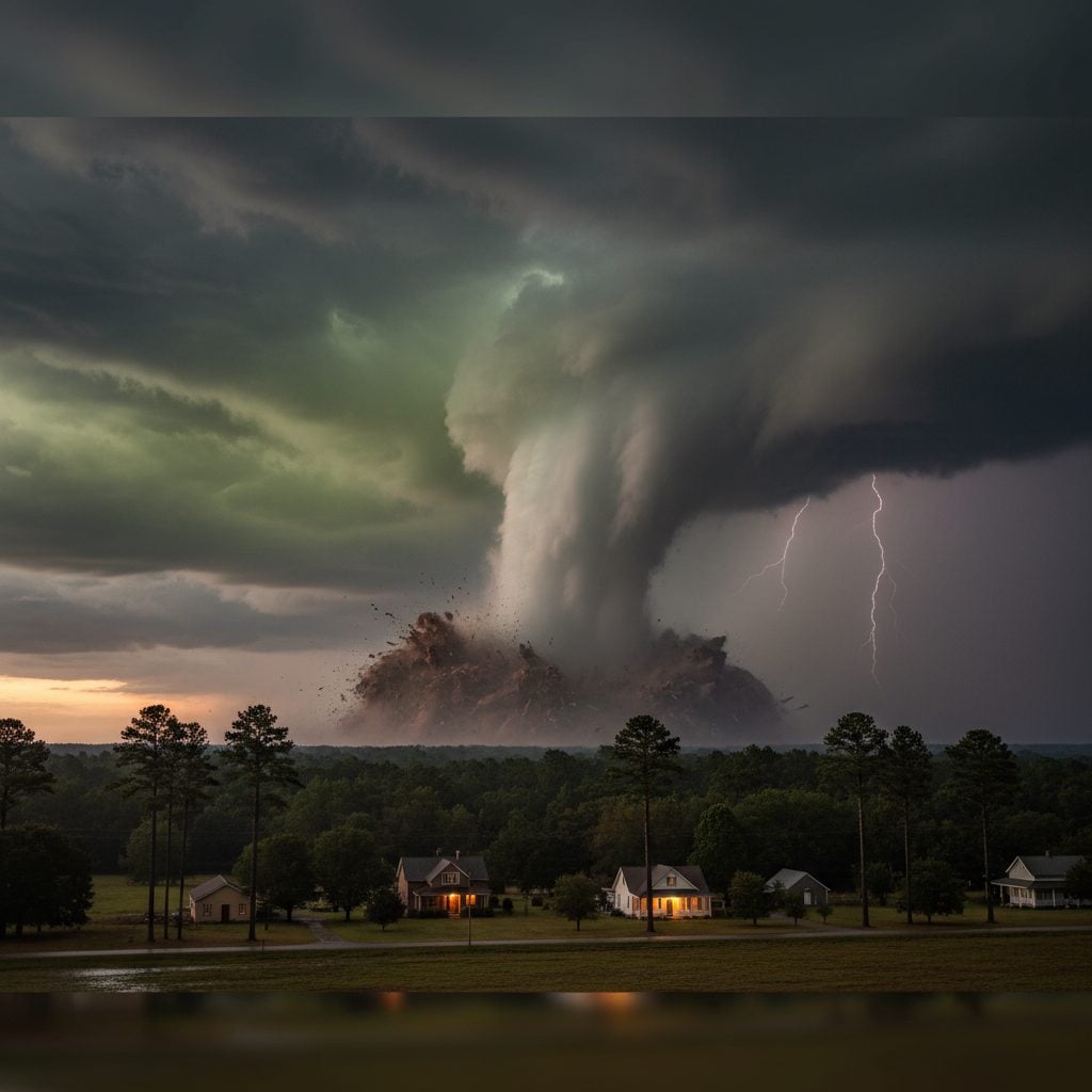 Wide tornado at dusk over rural Mississippi pine forest and farmhouses