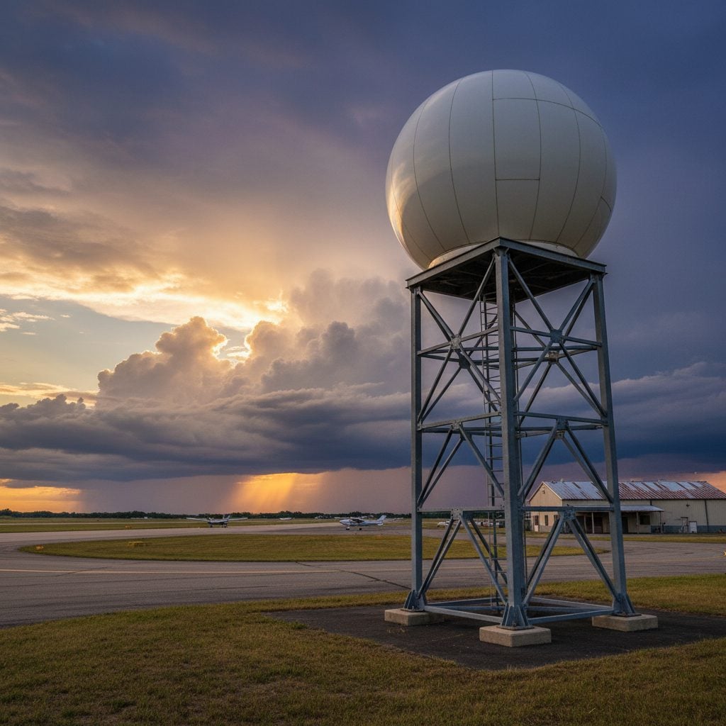 White Doppler radar radome on a steel tower at a regional airport