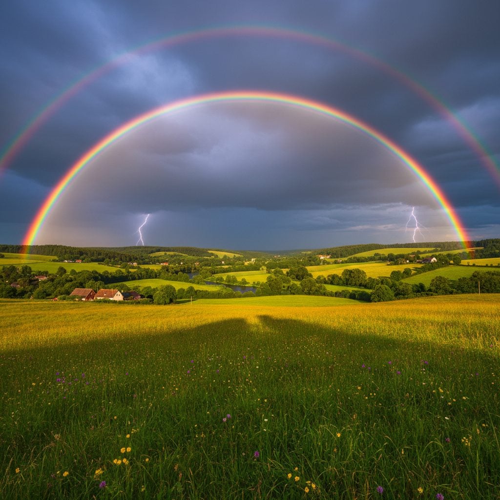 A double rainbow with Alexander's band over a rural valley
