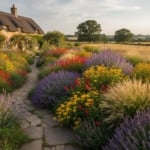 Colorful cottage garden with lavender and yarrow bordering a stone path leading toward a thatched house.