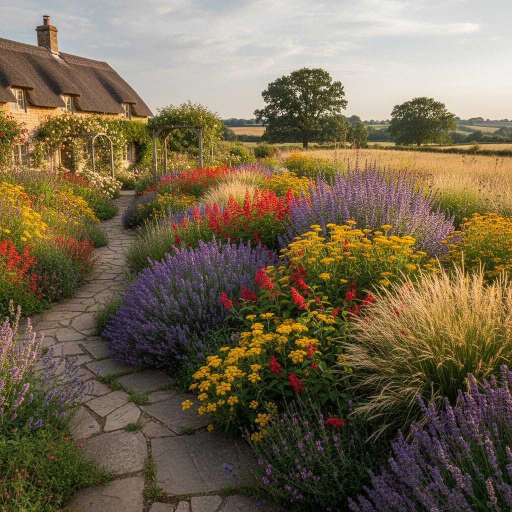 Cottage garden border full of lavender, salvia, yarrow, and russian sage in summer