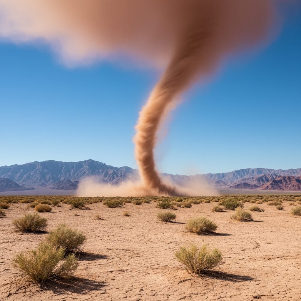 Dust devil swirling across a desert plain
