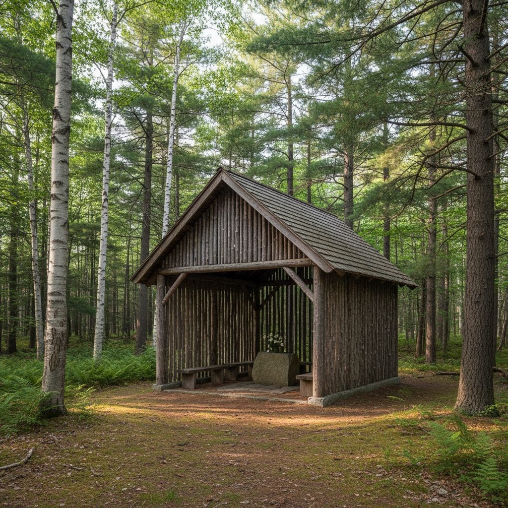 Wooden memorial chapel in a New England forest clearing