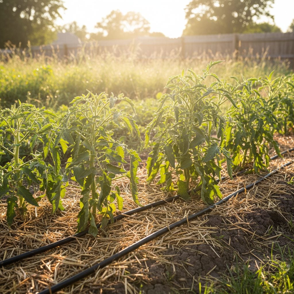 Backyard vegetable garden under heatwave stress with soaker hose