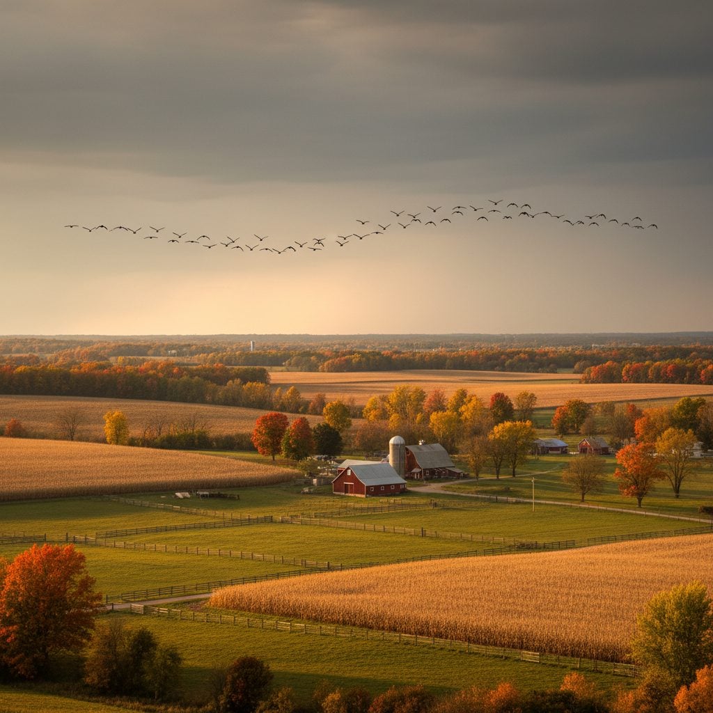 Canada geese flying south over September farmland in V formation