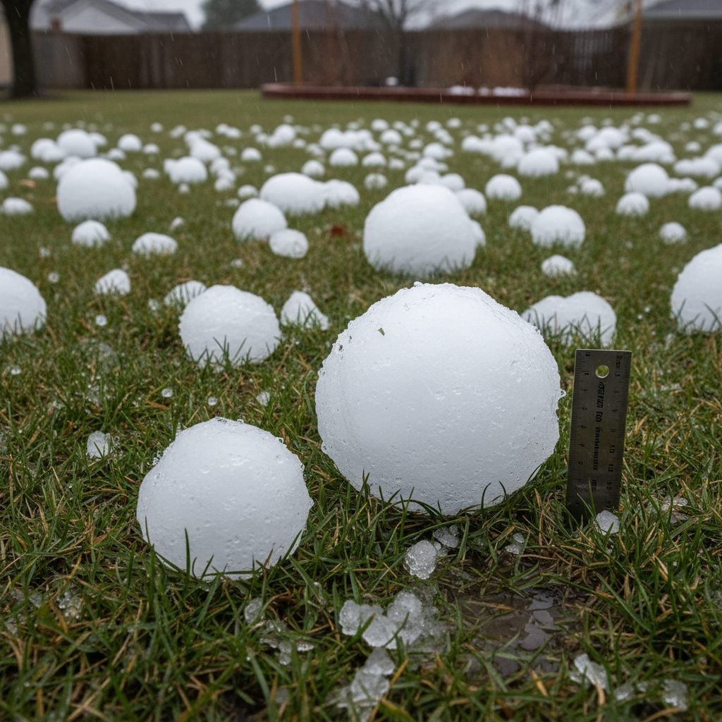 Large hailstones scattered on a suburban lawn after a storm