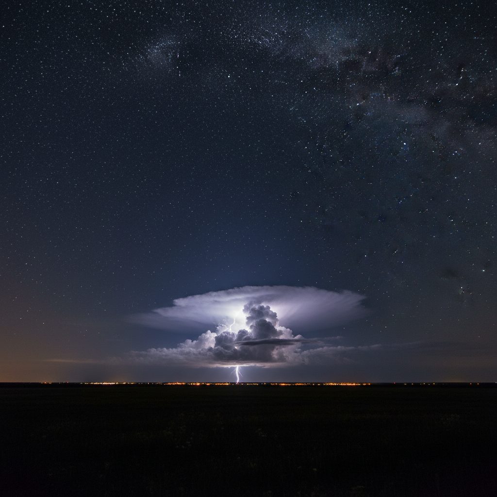 Silent distant lightning lighting up clouds on the horizon at night