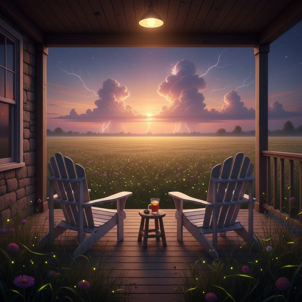 Farmhouse porch on a warm summer evening with heat lightning on the horizon