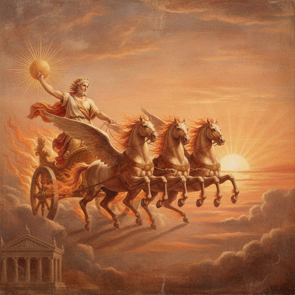 The Greek sun god Helios driving a four-horse fiery chariot across the sky
