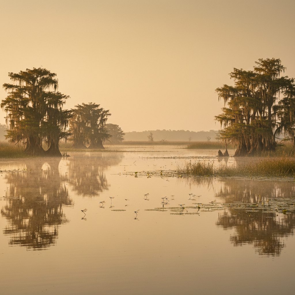 Humid summer afternoon over a Gulf coast cypress wetland