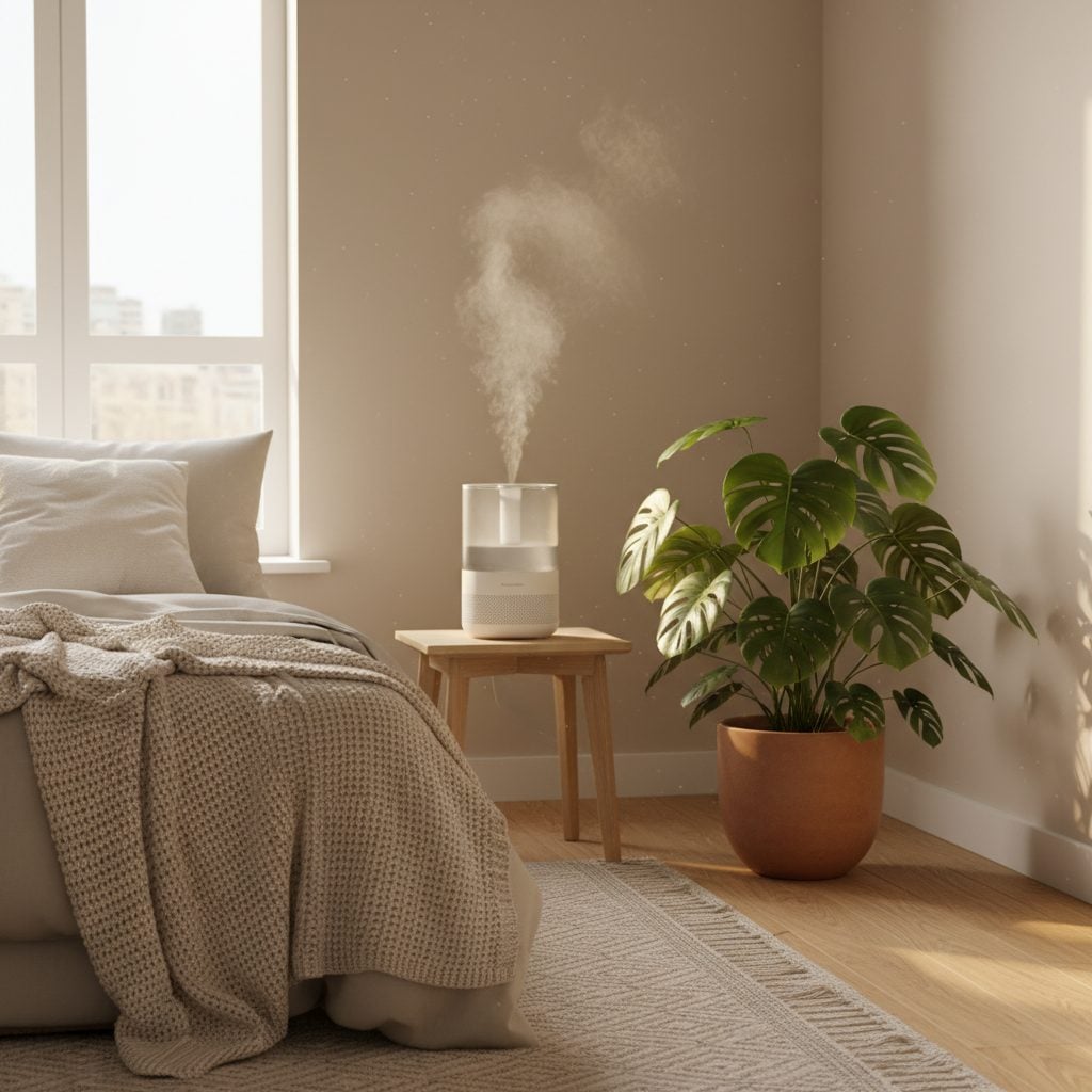Modern humidifier emitting mist beside a houseplant in a bedroom corner