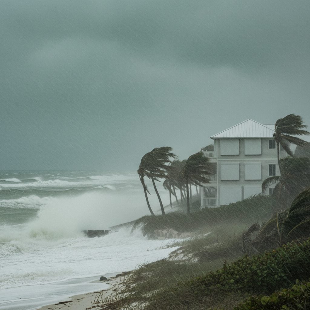 Hurricane wind bending palm trees at a coastal Florida house with shutters closed