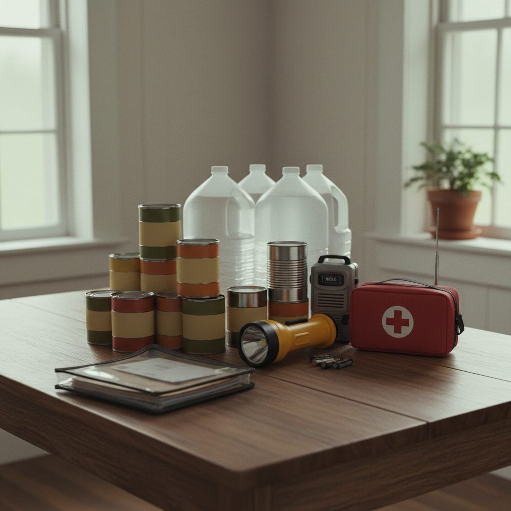 Hurricane emergency preparedness kit with water, food, flashlight, and weather radio