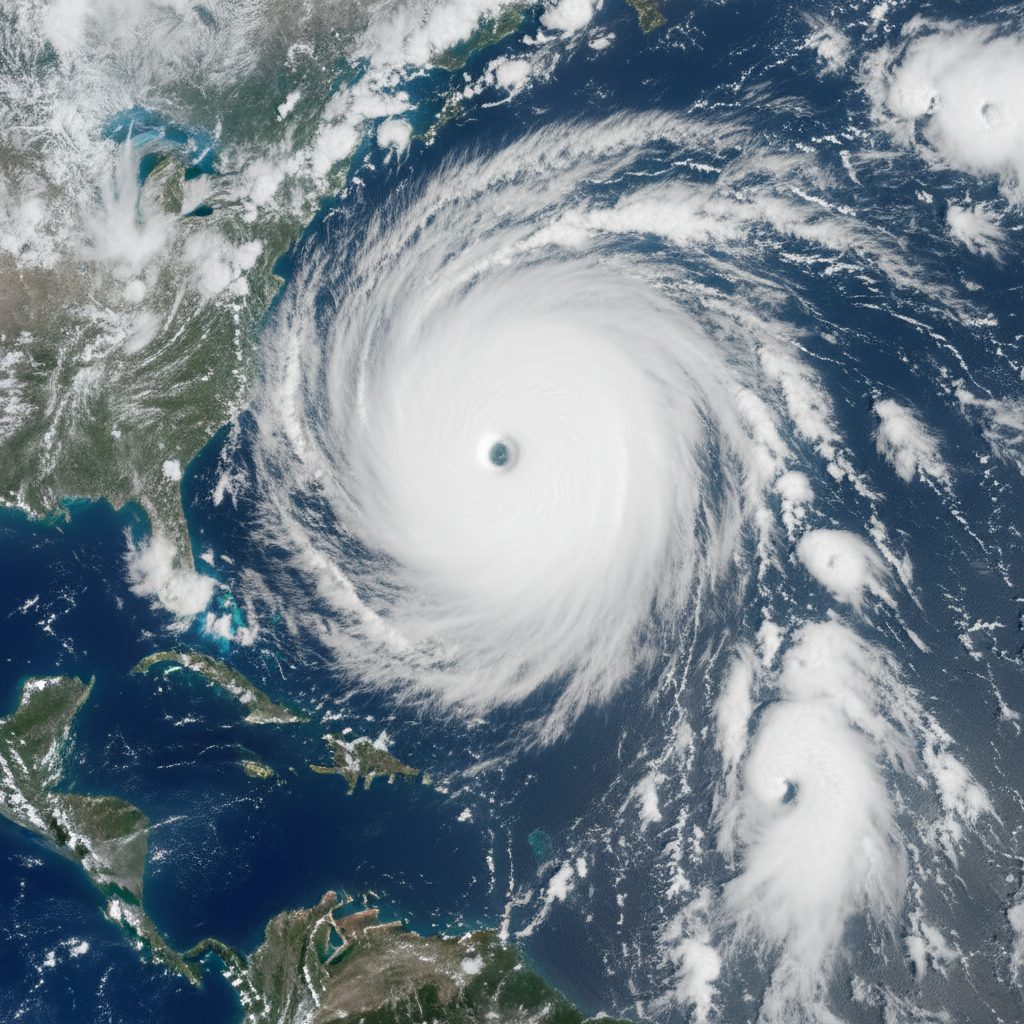 Satellite-style view of a hurricane spiral over the Atlantic