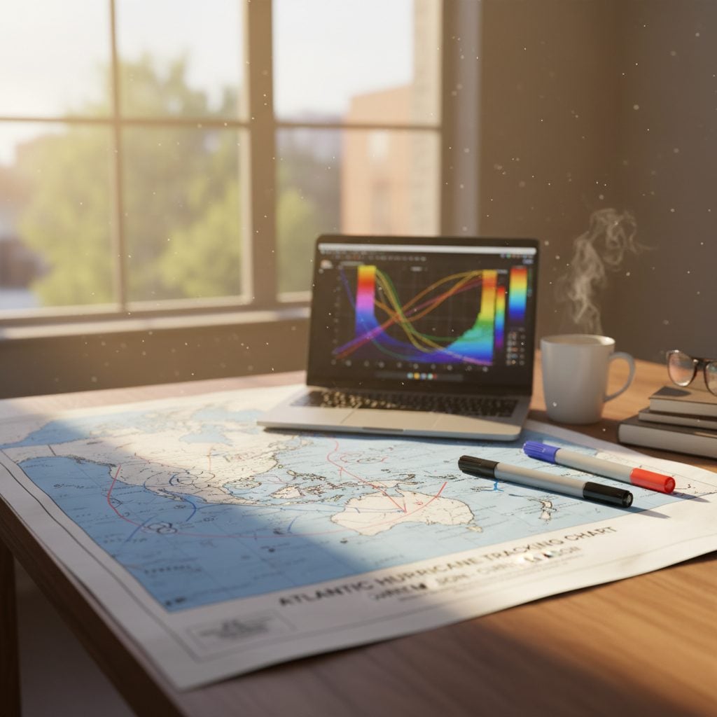 A hurricane tracking chart and forecast tools on a meteorologist's desk