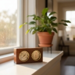 Wooden analog hygrometer and thermometer sit on a white windowsill next to a green potted plant.