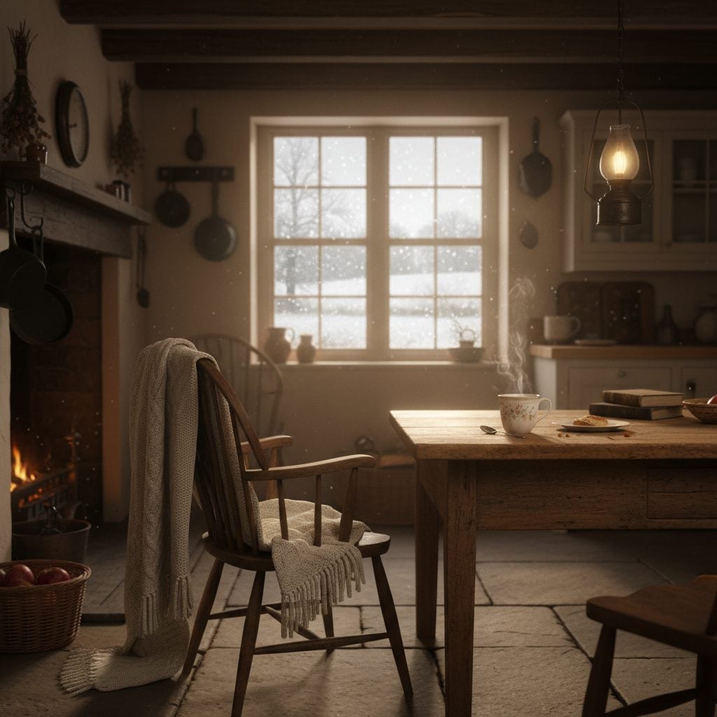 Warm farmhouse kitchen with hot tea and a wool blanket on a snowy day